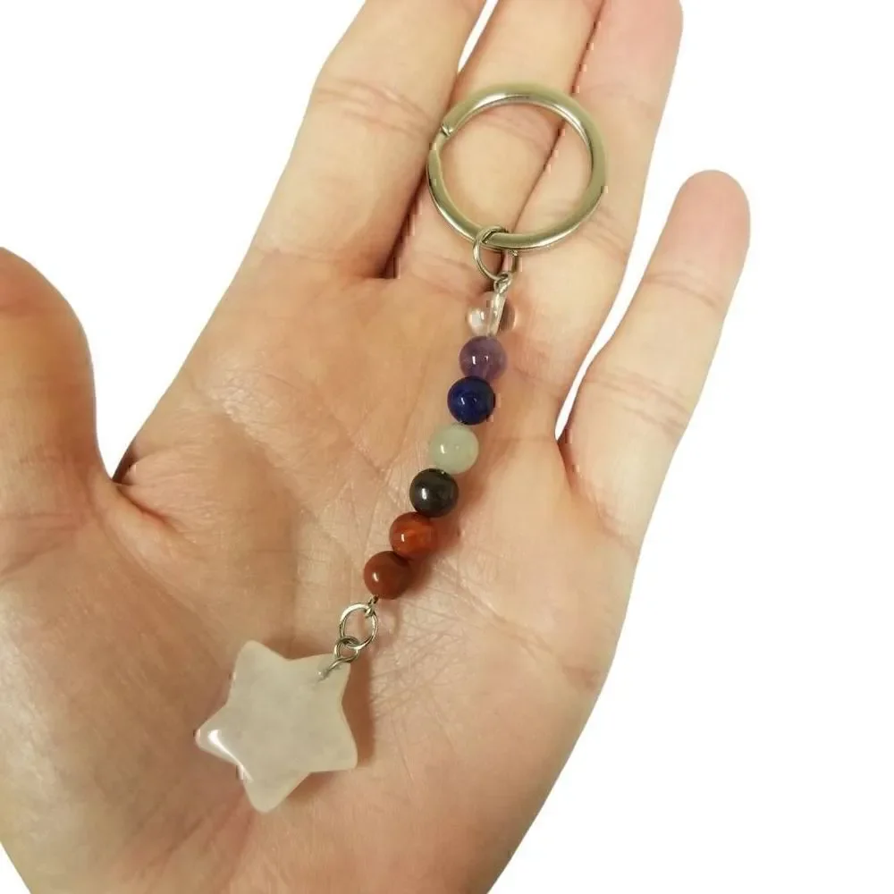 Natural Healing Crystal Star Chakra Bead Keychain NEW!